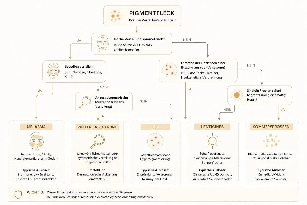 Infografik: Entscheidungsbaum zur Diagnose von Pigmentflecken
