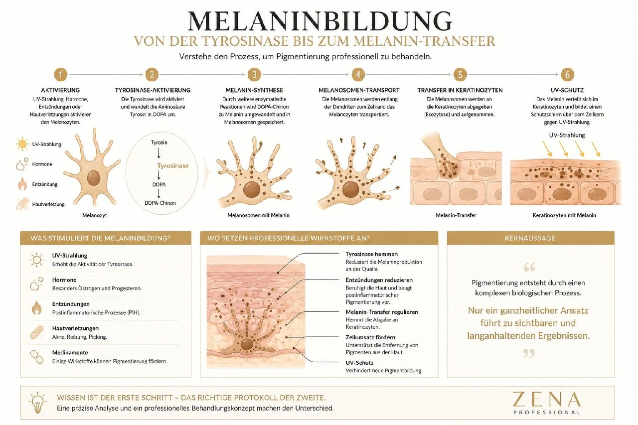 Infografik: Melaninbildung — Von der Tyrosinase bis zum Melanin-Transfer