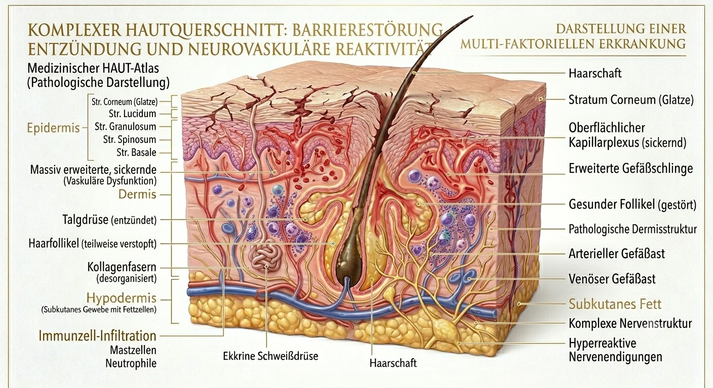 Rosazea Hautquerschnitt mit Gefäßreaktion Entzündung und Barriere